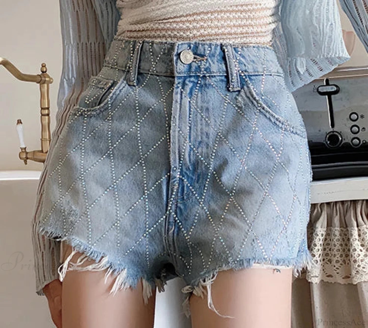 Crossed Frayed Washed Denim Short Blue / S short-250223