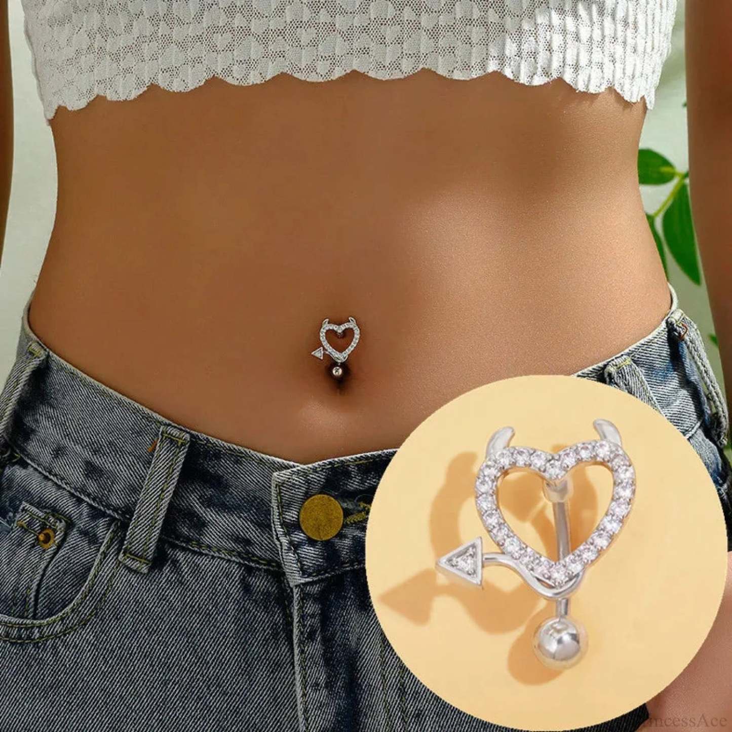 Crystal Heart Pink Gothic Belly Ring Devil