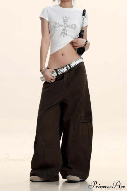 Curved Deconstructed Wide-Leg Cargo Pants Brown / S