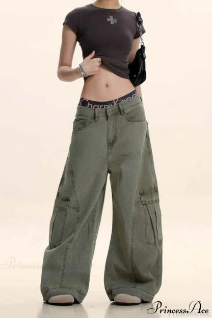 Curved Deconstructed Wide-Leg Cargo Pants Green / S