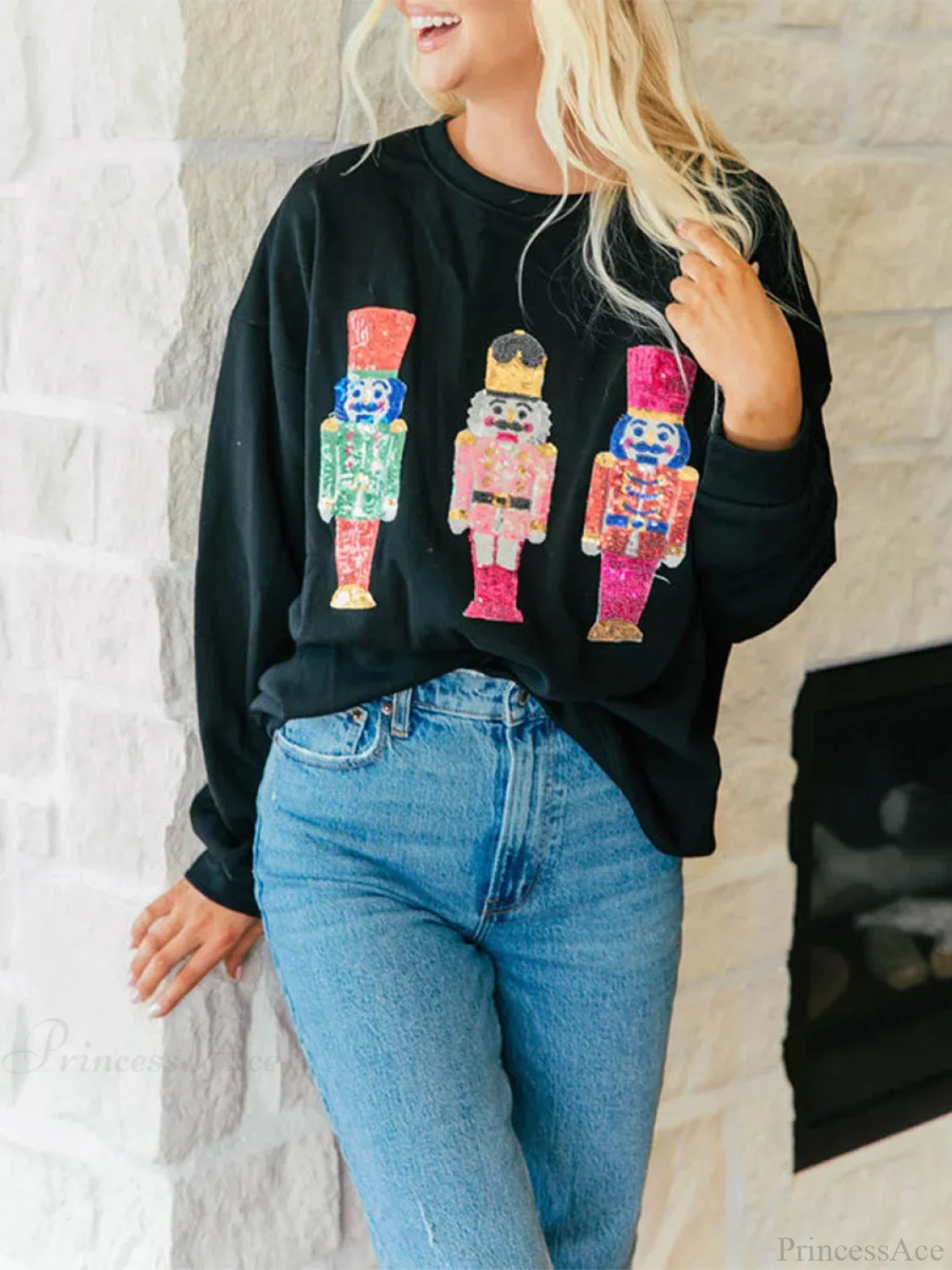 Cute Ugly Sequin Graphic Nutcracker Holiday Christmas Hoodie Black / S Hoodies-L