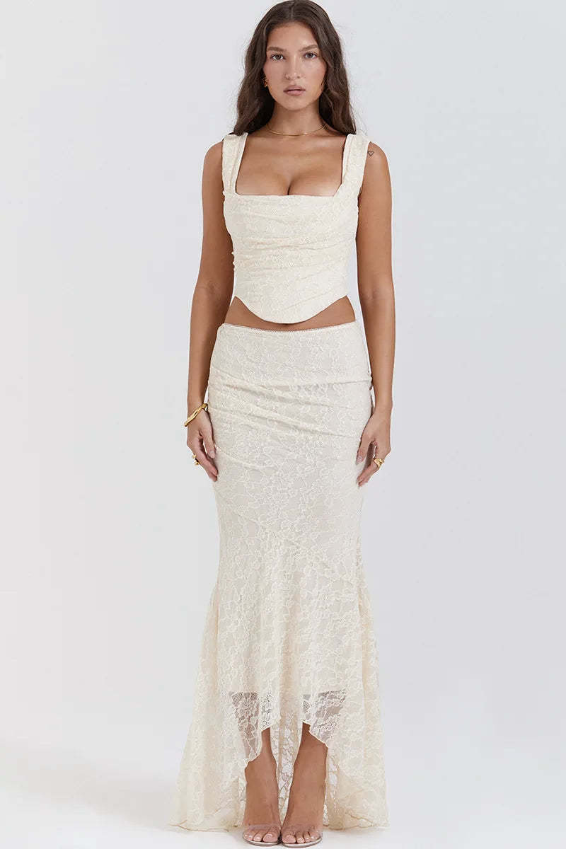 Elegant Lace Up Crop Top & Maxi Skirt Boho Dress White / S