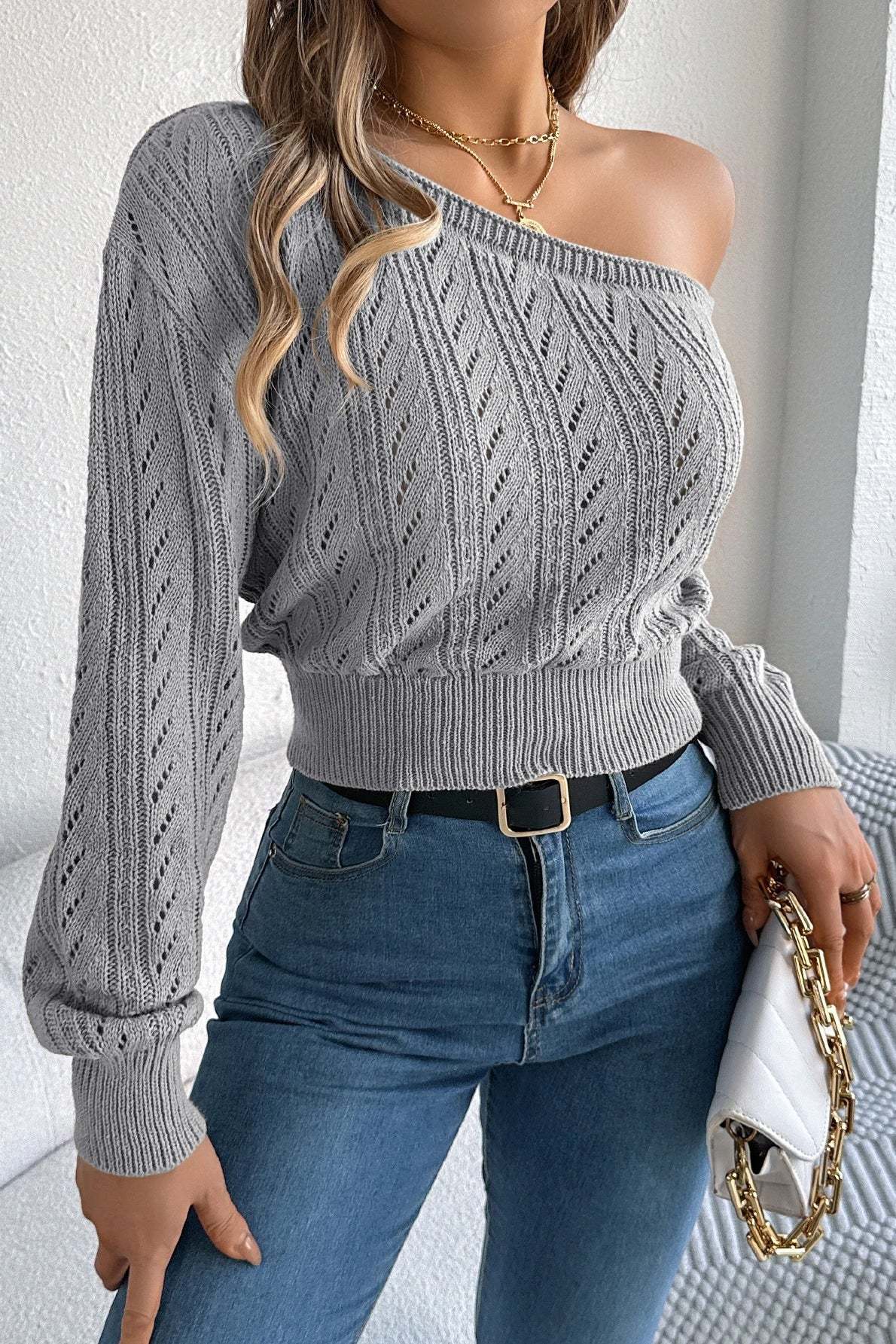 Off Shoulder Knit Pullover Sweater Grey / S
