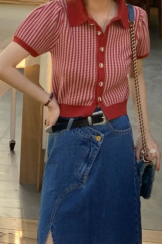 Thin Knit Turn down Collar Short Sleeve Cardigan