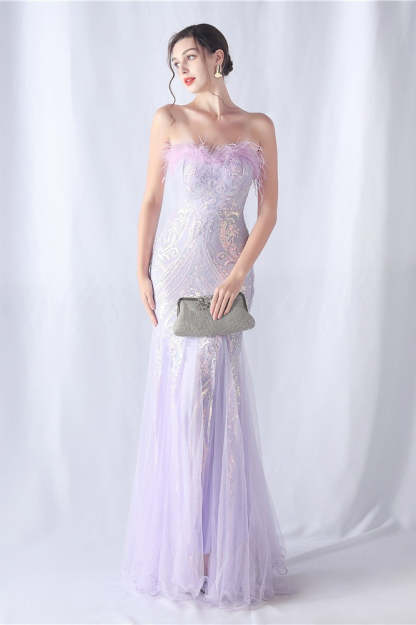 Ostrich Feather Sequin Evening Party Dress
