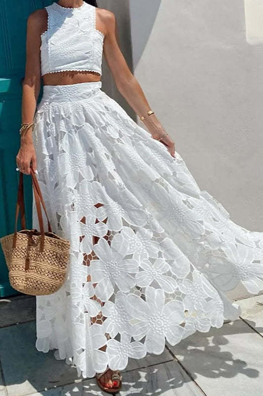 Lace Hollow Out Loose Beach Two Piece Boho Dress