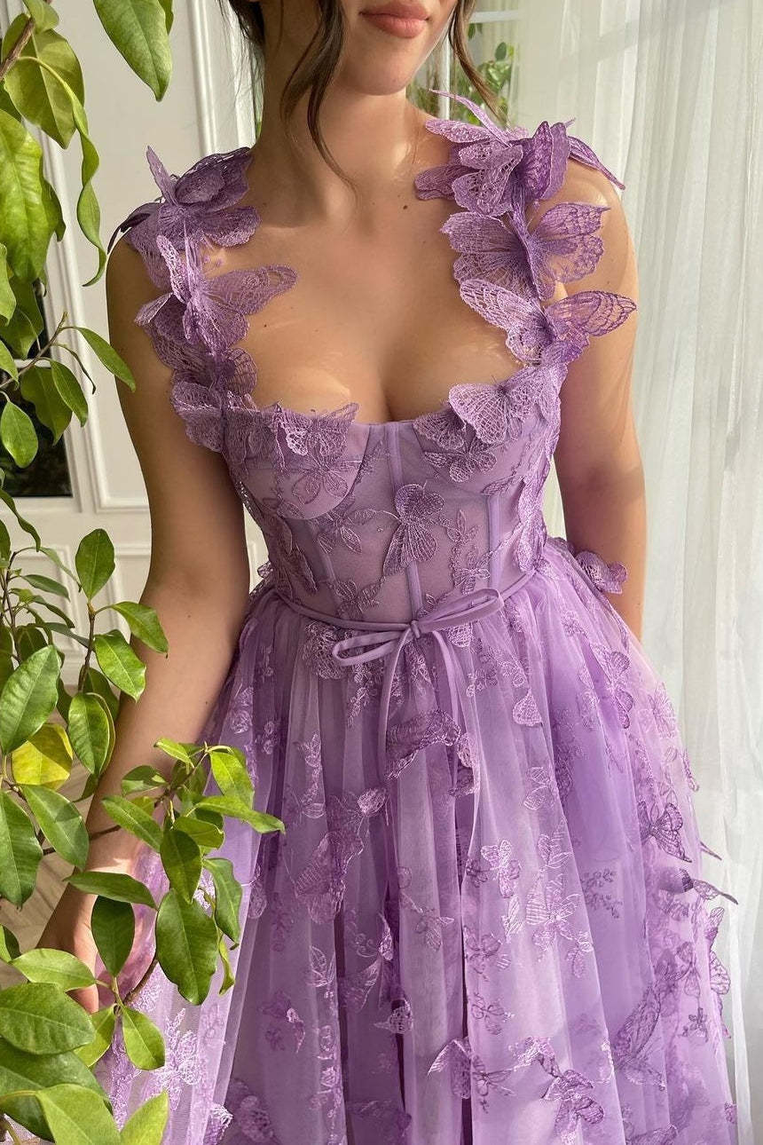 Sheer Tulle Spaghetti Strap High Slit Party Dress