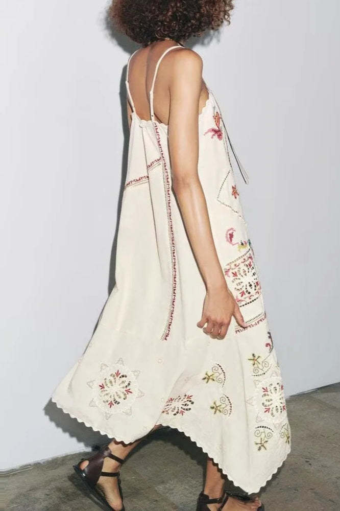 Floral Embroidered Asymmetric Boho Dress