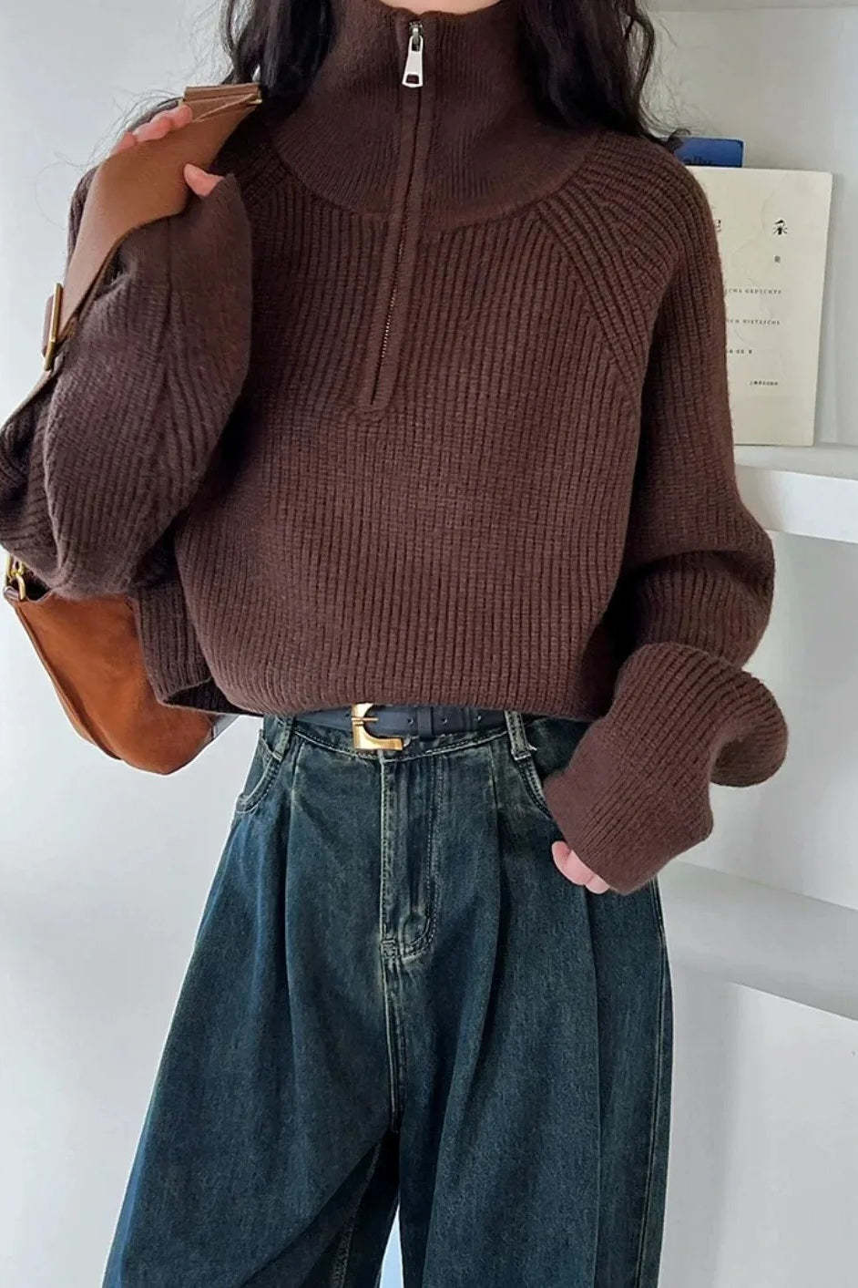 Half Zip Knit Turtleneck Sweater