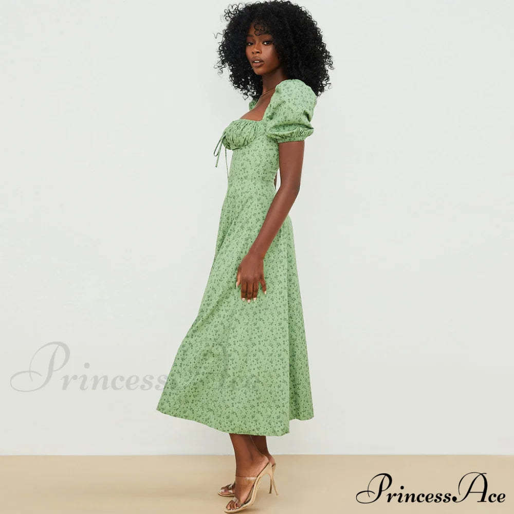 Daisy Printed Puff Sleeve High Slit Sophisticated Smock Maxi Sundress - Dark Yellow L / Green Sun