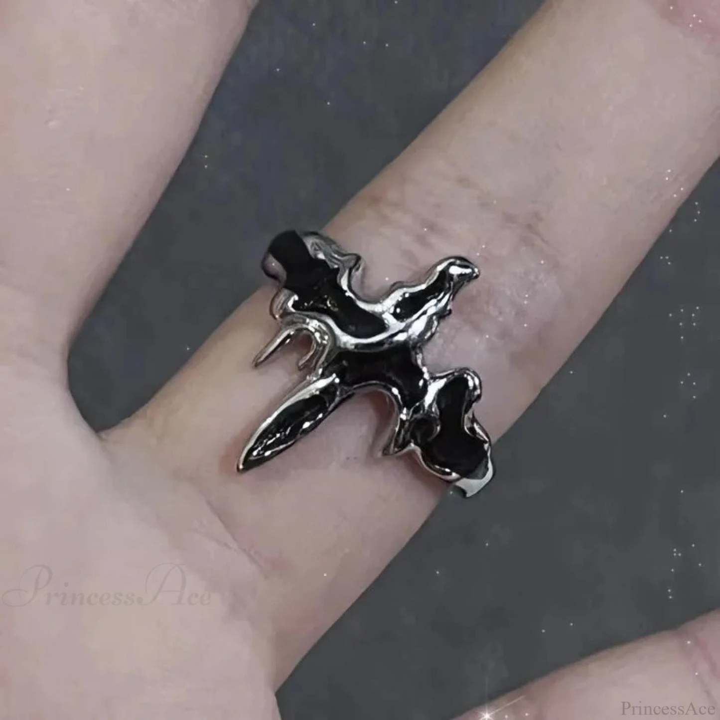 Dark Black Cross Star Ring sliver3