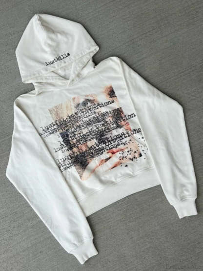 Dark Graphic Print Y2K S Pullover Hoodie White / S