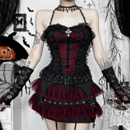 Dark Lace Trim Backless Crop Top Black / S