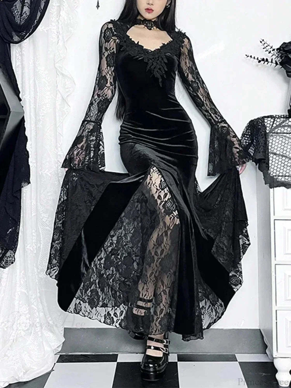 Dark Lace Trumpet Slim Midi Dress Black / S