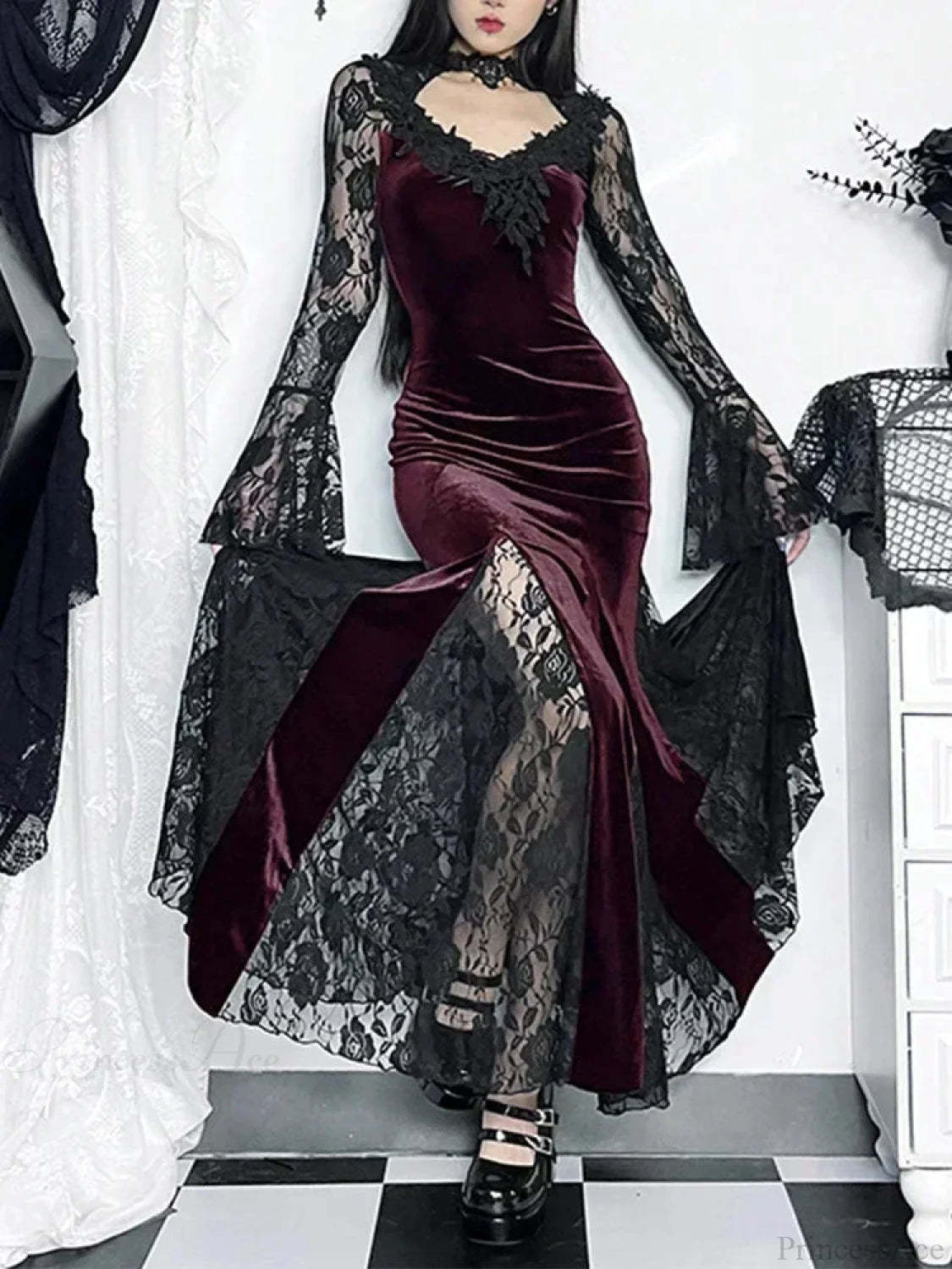 Dark Lace Trumpet Slim Midi Dress Red / S