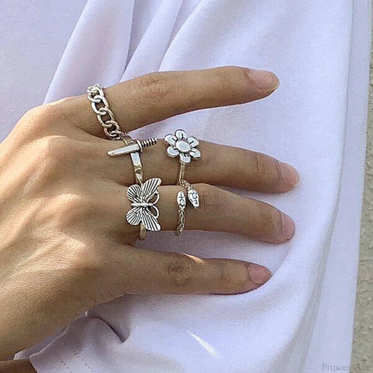 Dark Skull Blossom Seraphim Butterfly Band silver3