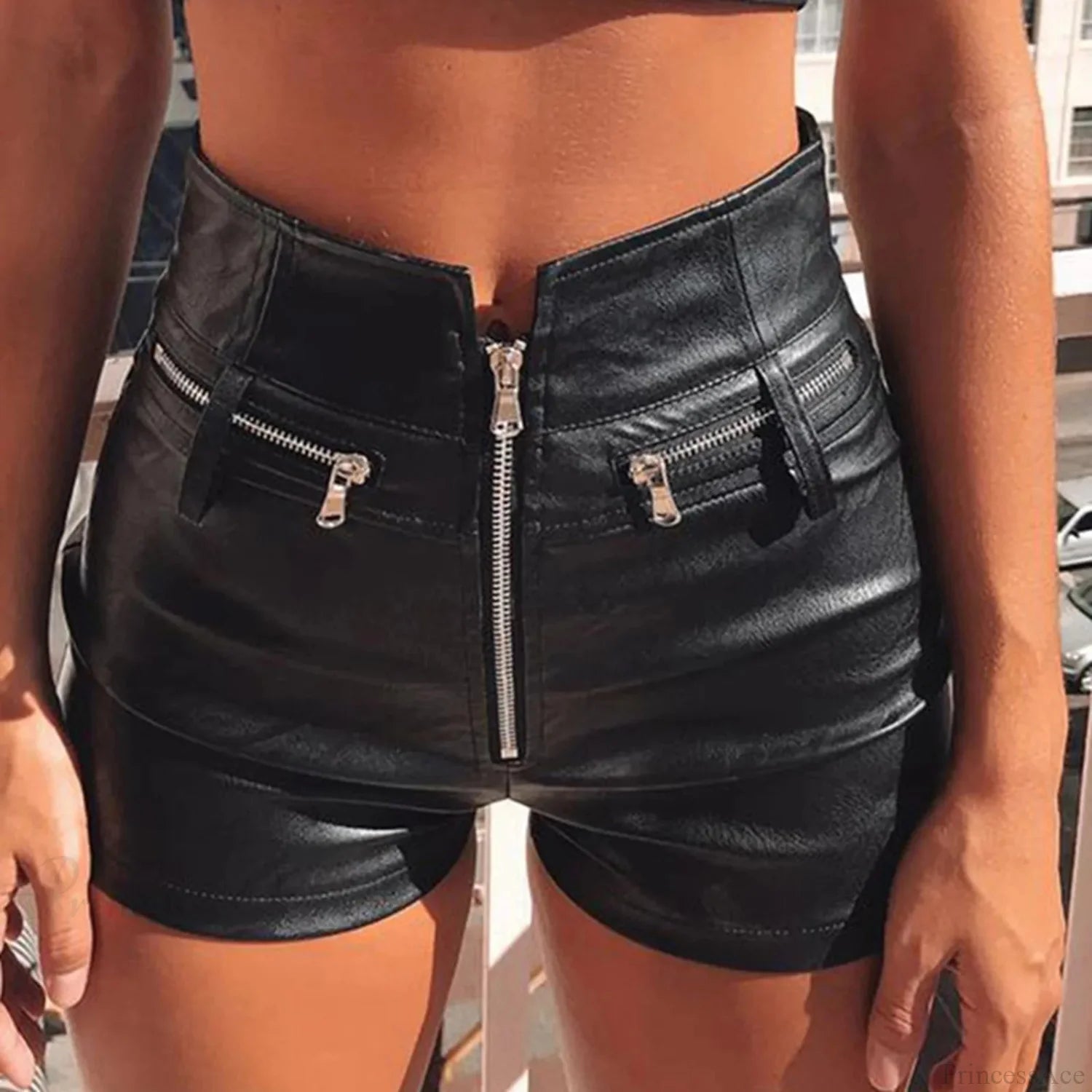 Dark Synthetic Leather Tall Waist Short Black / S