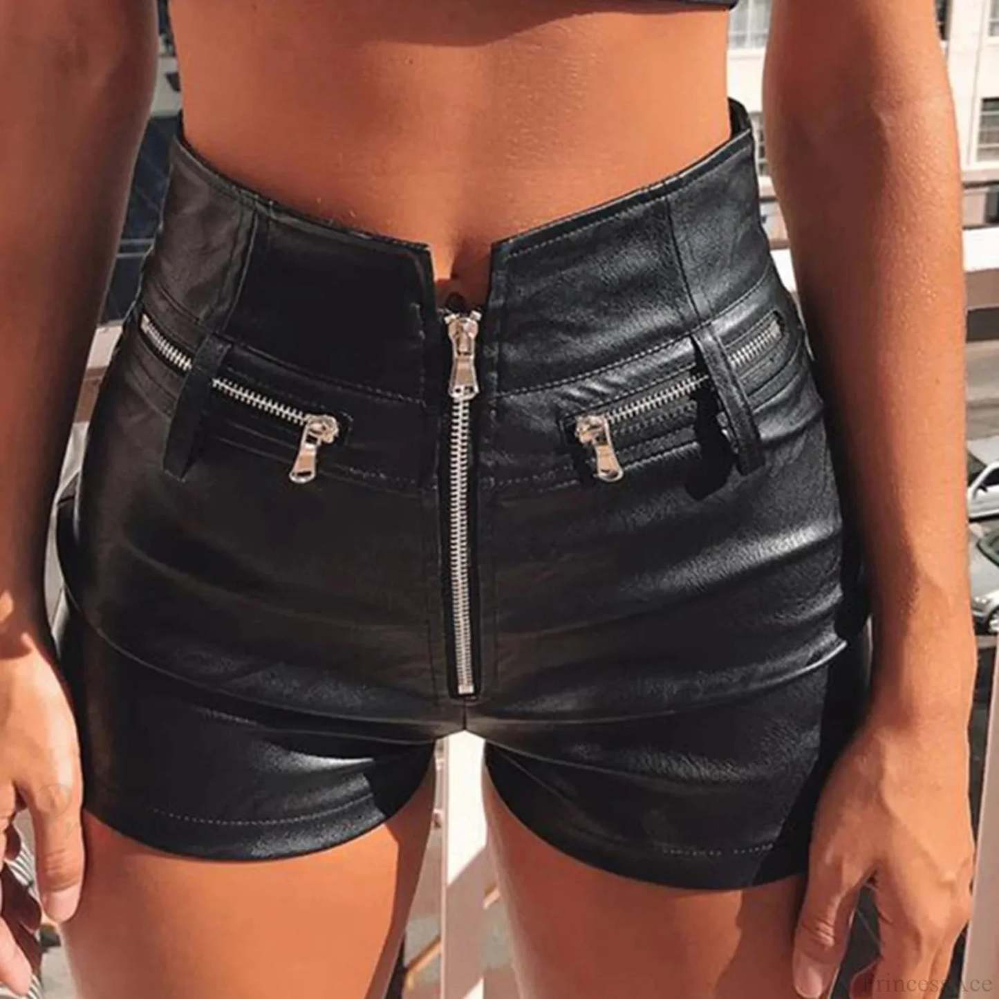 Dark Synthetic Leather Tall Waist Short Black / S