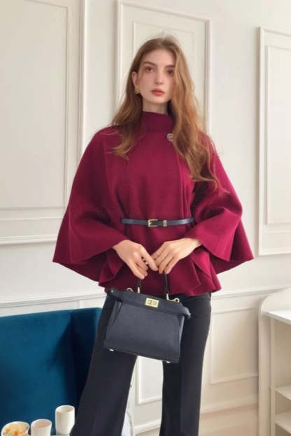 Belted Wool Cape Coat Red / S