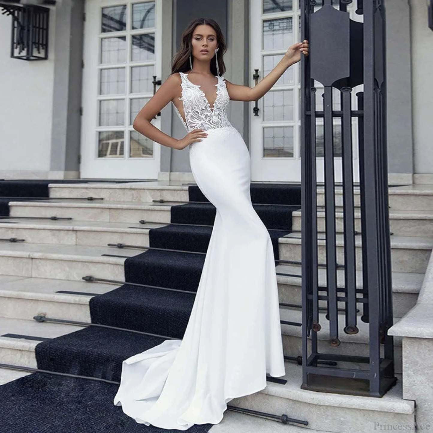 Deep V-Neck Mermaid Wedding Dress lvory white / 2 weddingdress-250223