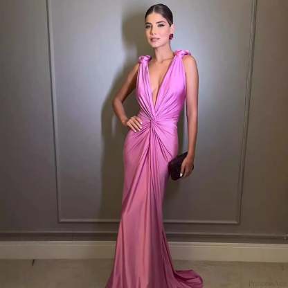 Deep V Sleeveless Backless Solid Color Prom Dress rose red / XS promdress-250223