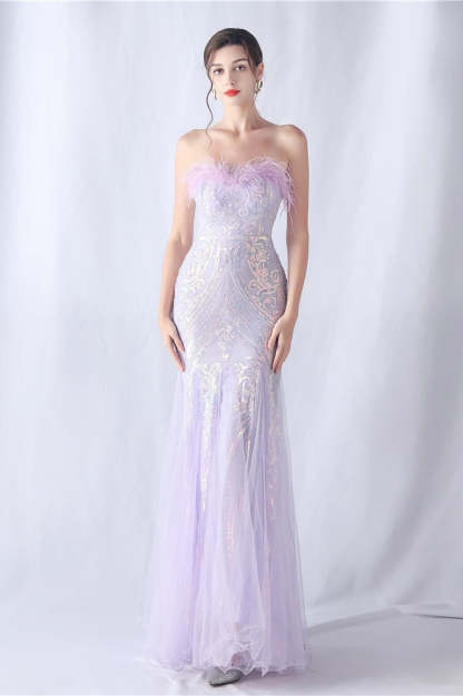 Ostrich Feather Sequin Evening Party Dress Purple / S