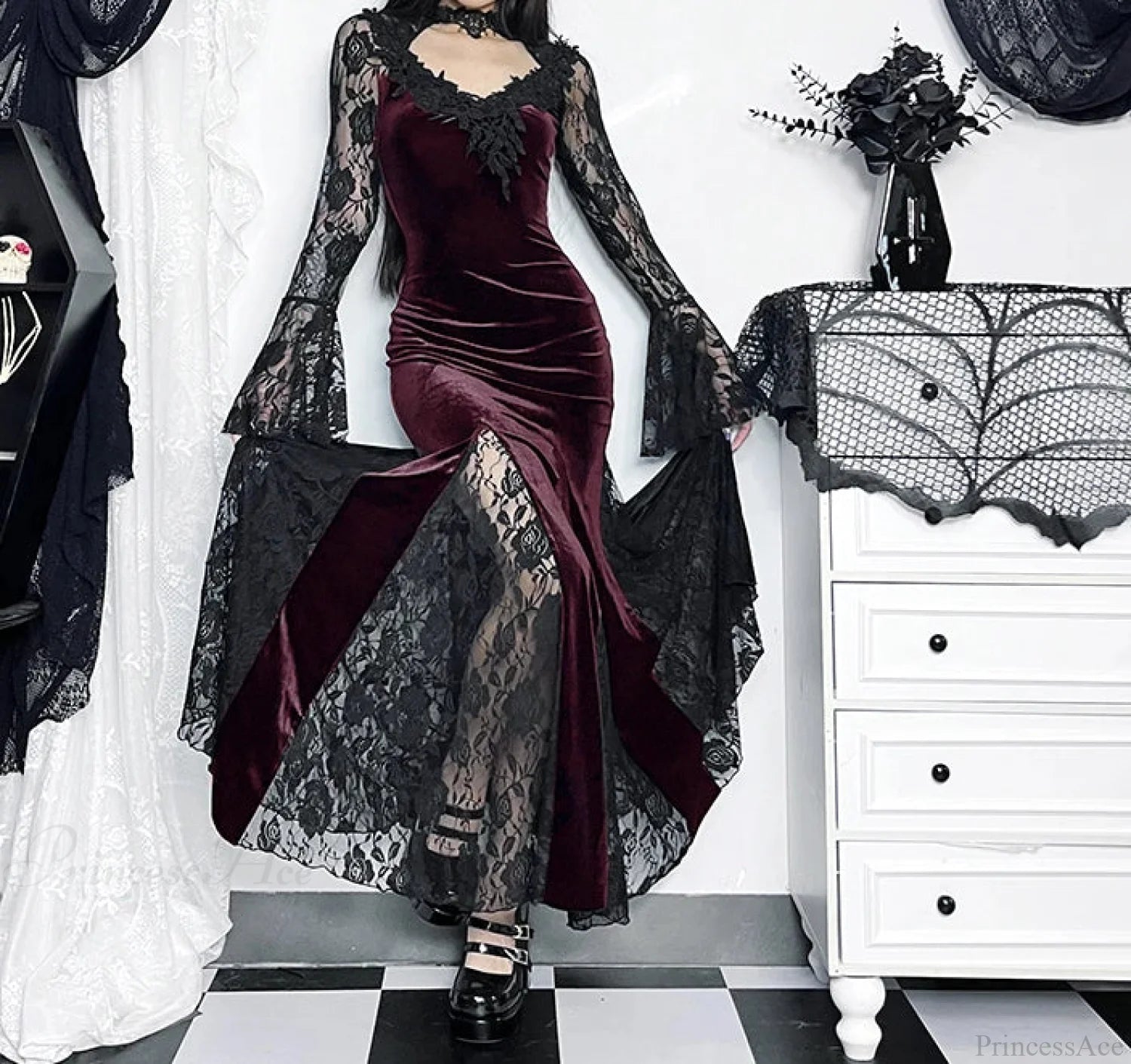 Delicate Fishtail Hollow V-neck Midi Dress Claret / S