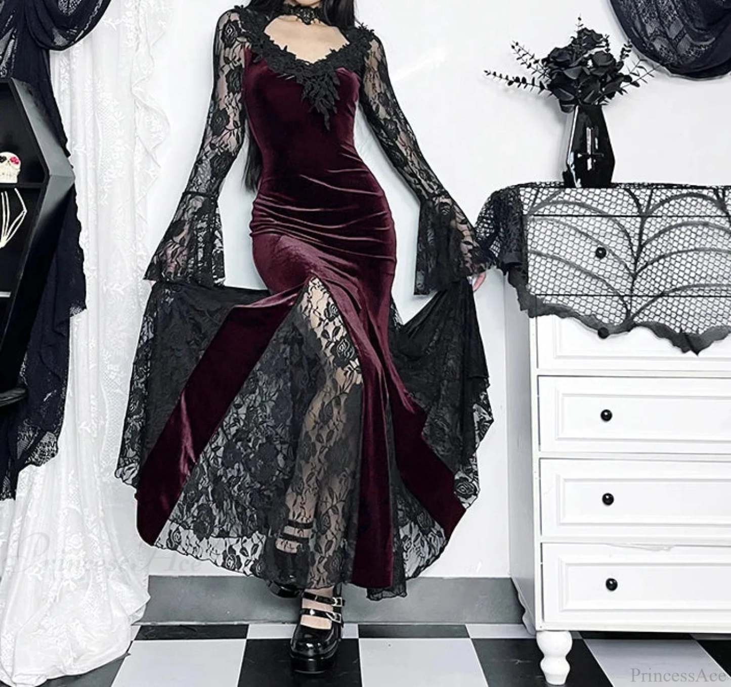 Delicate Fishtail Hollow V-neck Midi Dress Claret / S