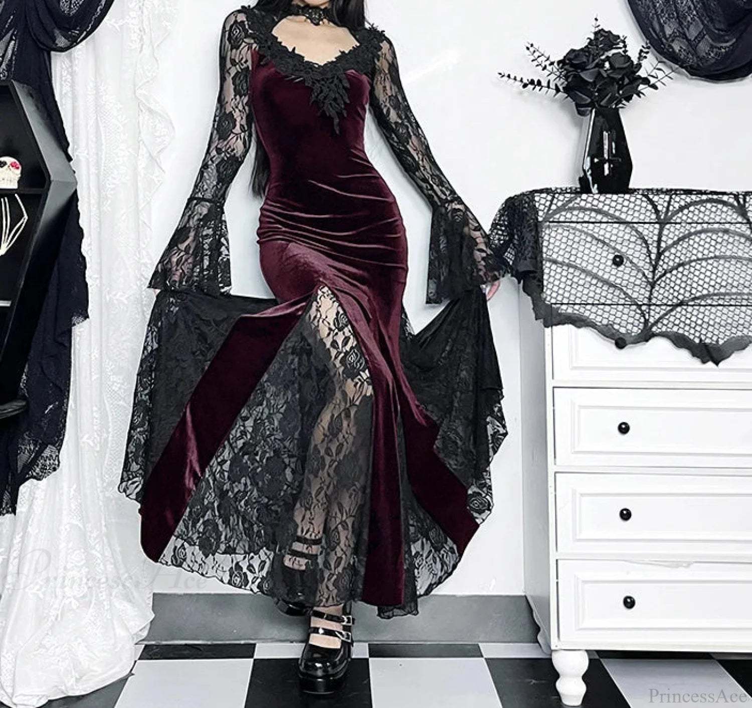 Delicate Fishtail Hollow V-neck Midi Dress Claret / S