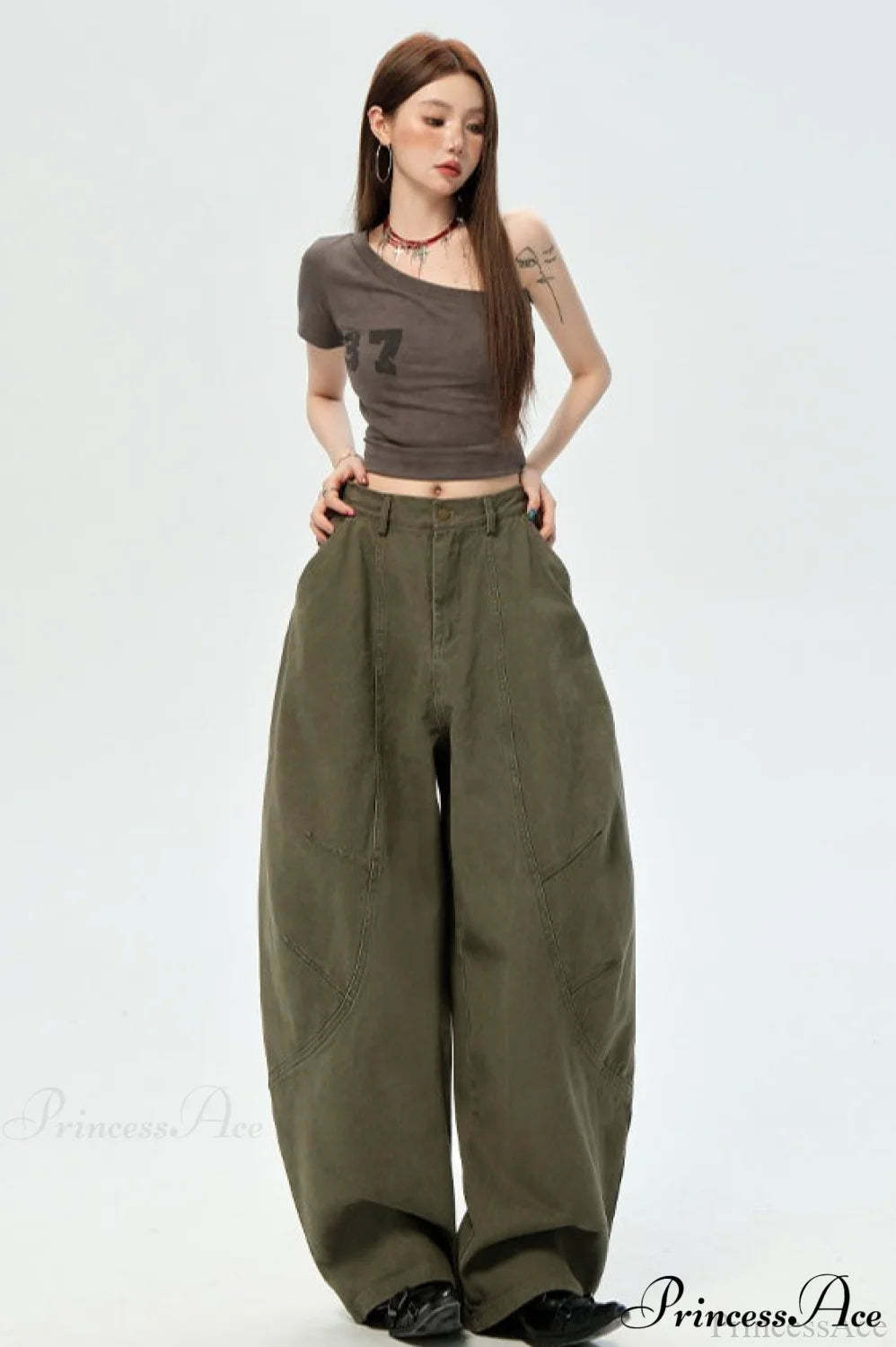 Denim Curved Loose Straight Cargo Pants