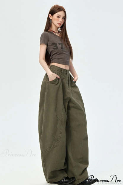 Denim Curved Loose Straight Cargo Pants