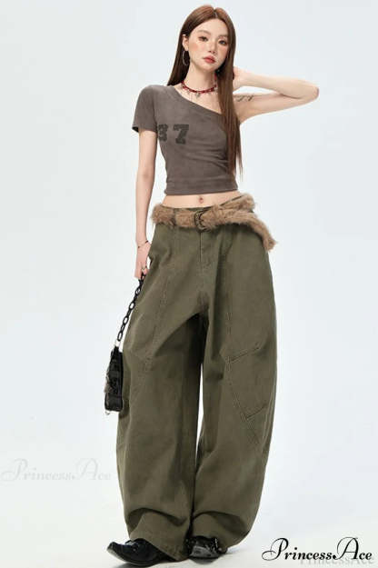 Denim Curved Loose Straight Cargo Pants Army Green / XS