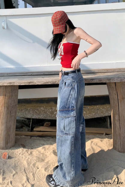 Denim Diagonal Split Wide Leg Cargo Pants