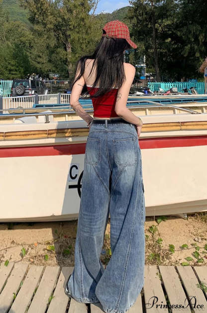 Denim Diagonal Split Wide Leg Cargo Pants