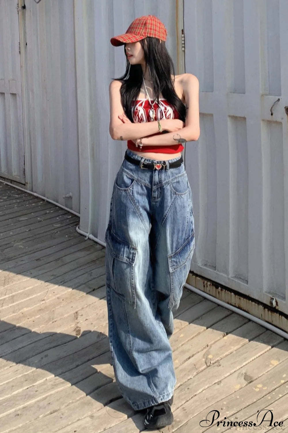 Denim Diagonal Split Wide Leg Cargo Pants