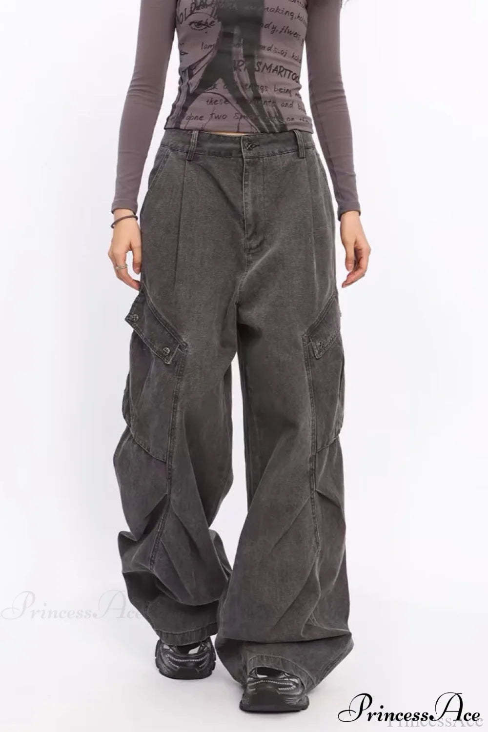 Denim Large Pocket Wide-Leg Cargo Pants