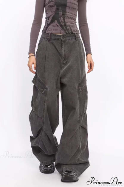 Denim Large Pocket Wide-Leg Cargo Pants