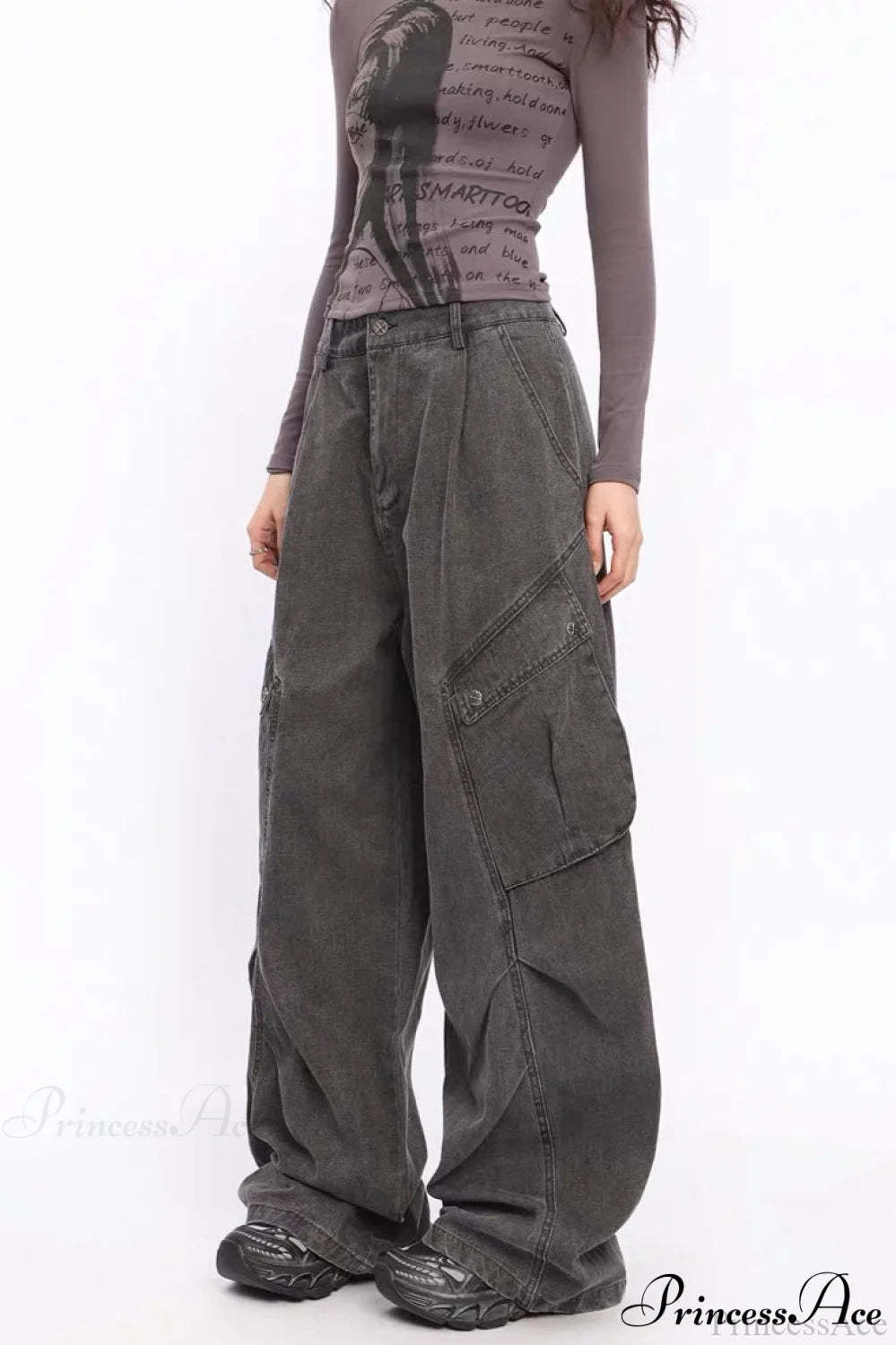 Denim Large Pocket Wide-Leg Cargo Pants