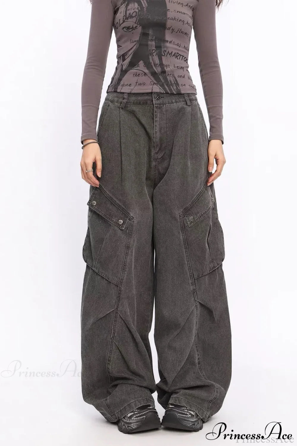 Denim Large Pocket Wide-Leg Cargo Pants Black / S