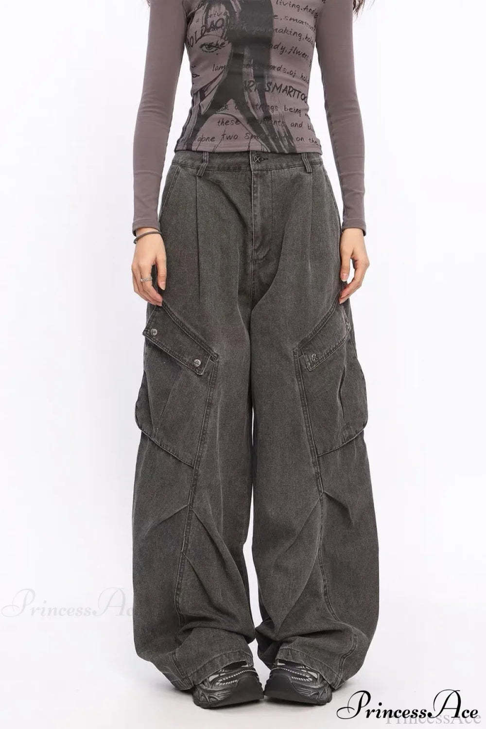 Denim Large Pocket Wide-Leg Cargo Pants Black / S
