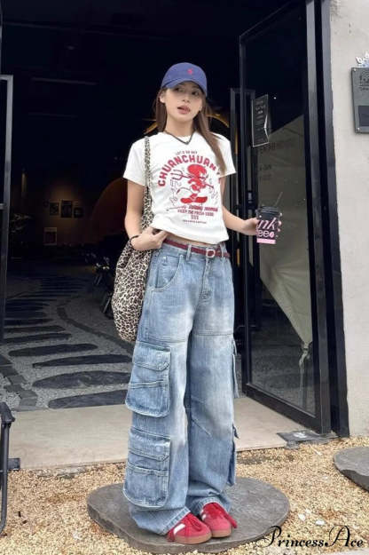 Denim Loose Multi-Pocket Wide Leg Cargo Pants