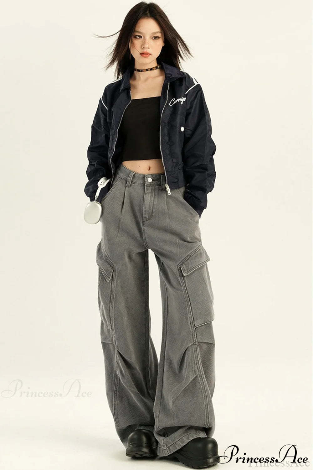 Denim Loose Wide Leg Flattering Cargo Pants Grey / XS
