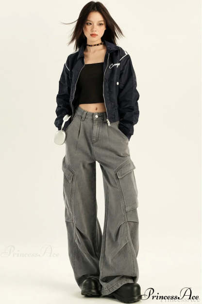 Denim Loose Wide Leg Flattering Cargo Pants Grey / XS
