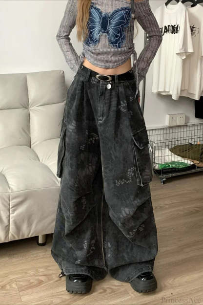 Denim Snake Camo Multi-Pocket Cargo Pants Black / S