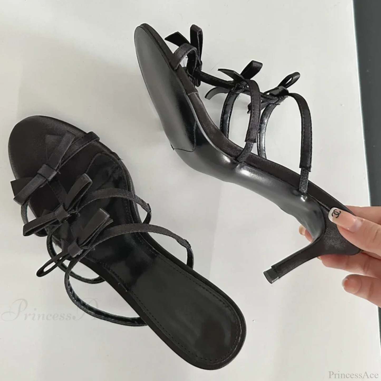 Design Flower Slippers Thin Narrow Band Summer Beach Party Low Heel Pump Black / 35