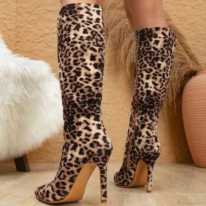 Design Pointed Thin High Heel Leopard Print Zipper Long Women Knee High Boot
