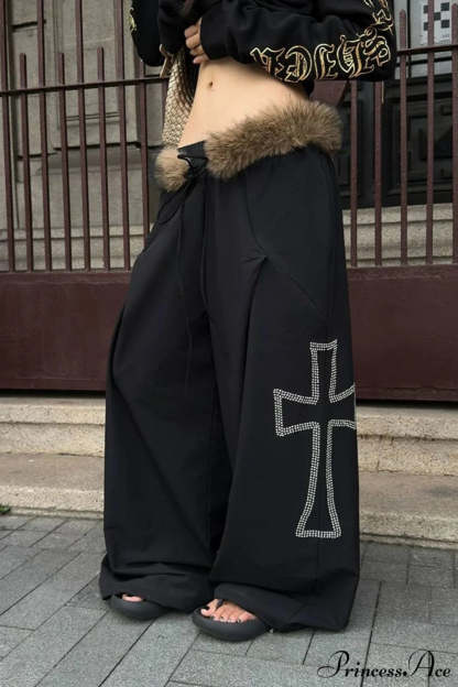 Detachable Fur-Collar Loose Wide-Leg Pants