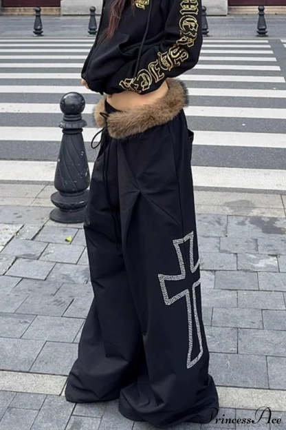 Detachable Fur-Collar Loose Wide-Leg Pants
