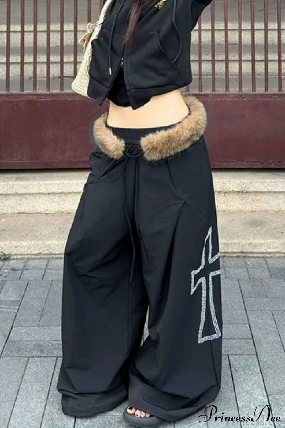 Detachable Fur-Collar Loose Wide-Leg Pants Black / S