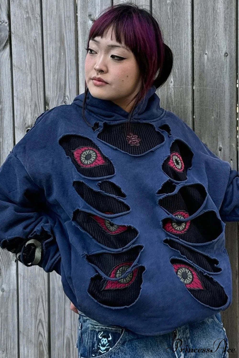 Devil Eye Ripped Embroidered Vintage Hoodie